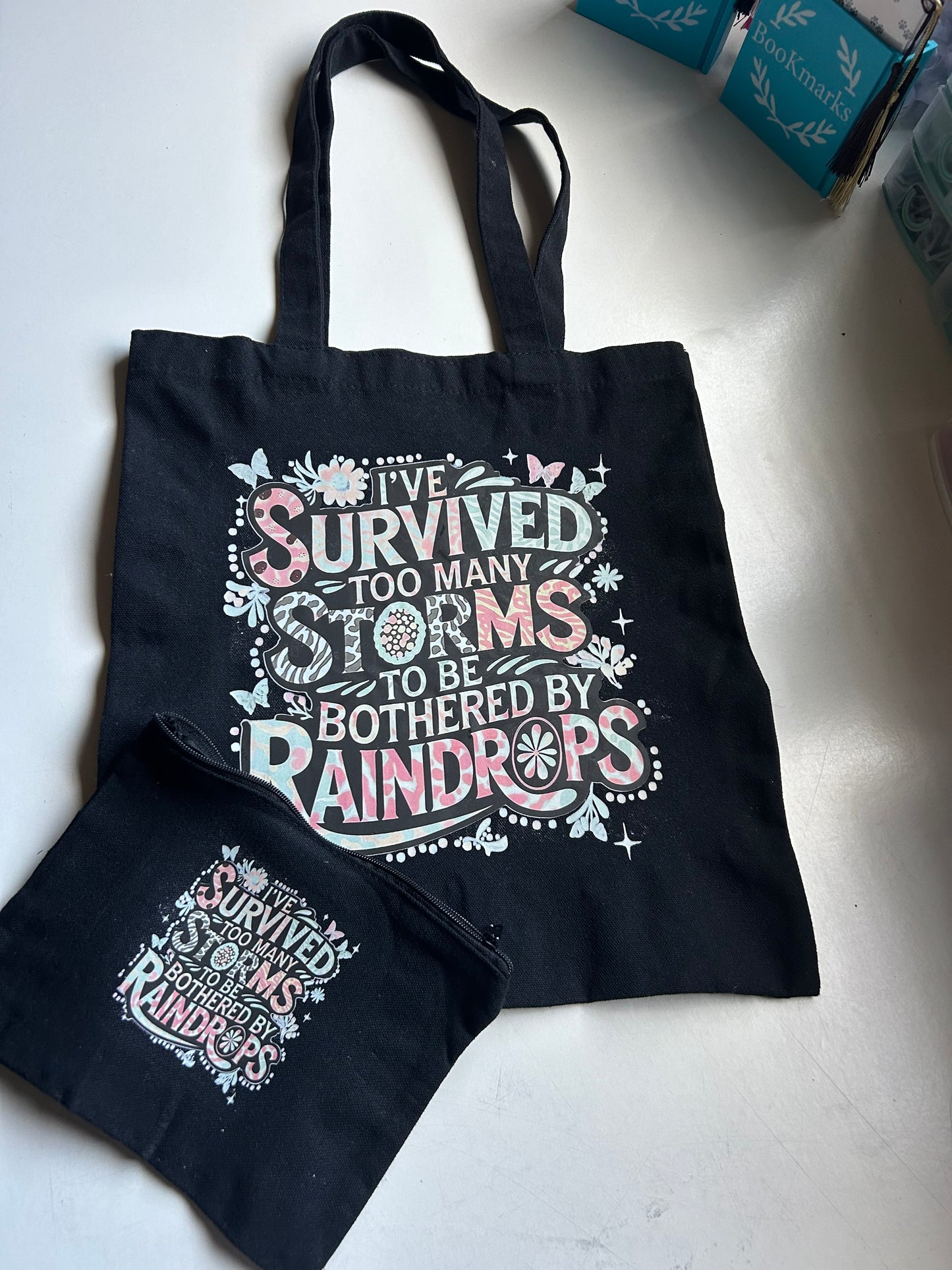 Black Canvas Tote Bag & Matching Zip Pouch – Inspirational “Survived Too Many Storms” Design