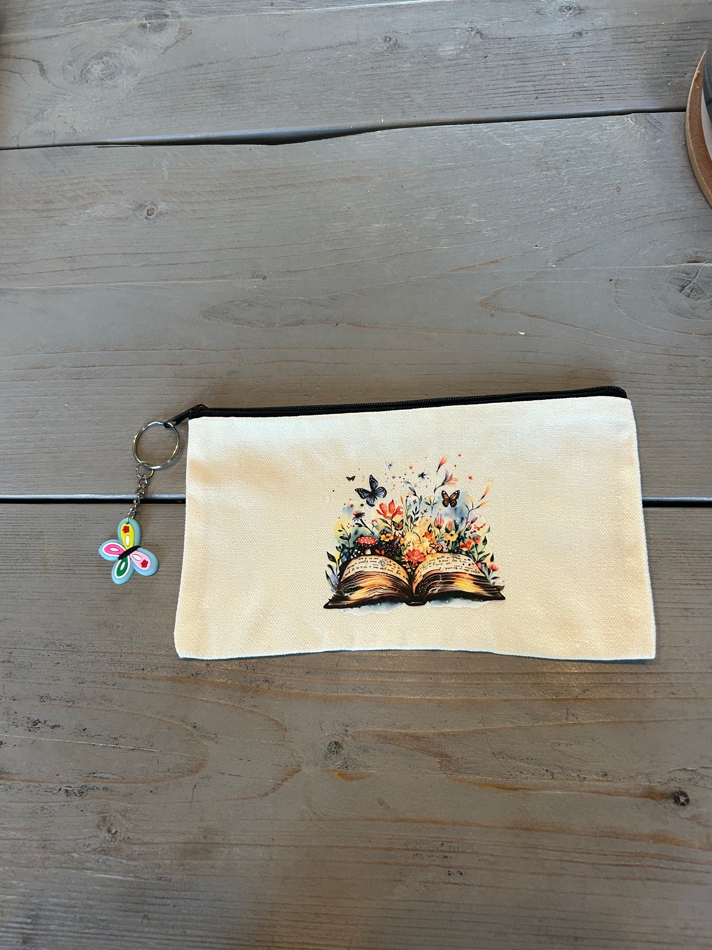 Gothic Purple Rose Canvas Zipper Pouch – Dark Aesthetic Makeup Bag with Butterfly Keychain