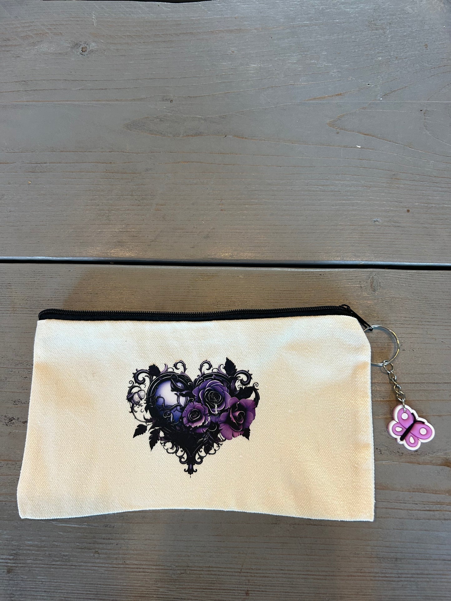 Gothic Purple Rose Heart Canvas Zipper Pouch with Butterfly Keychain | Dark Aesthetic Makeup Bag
