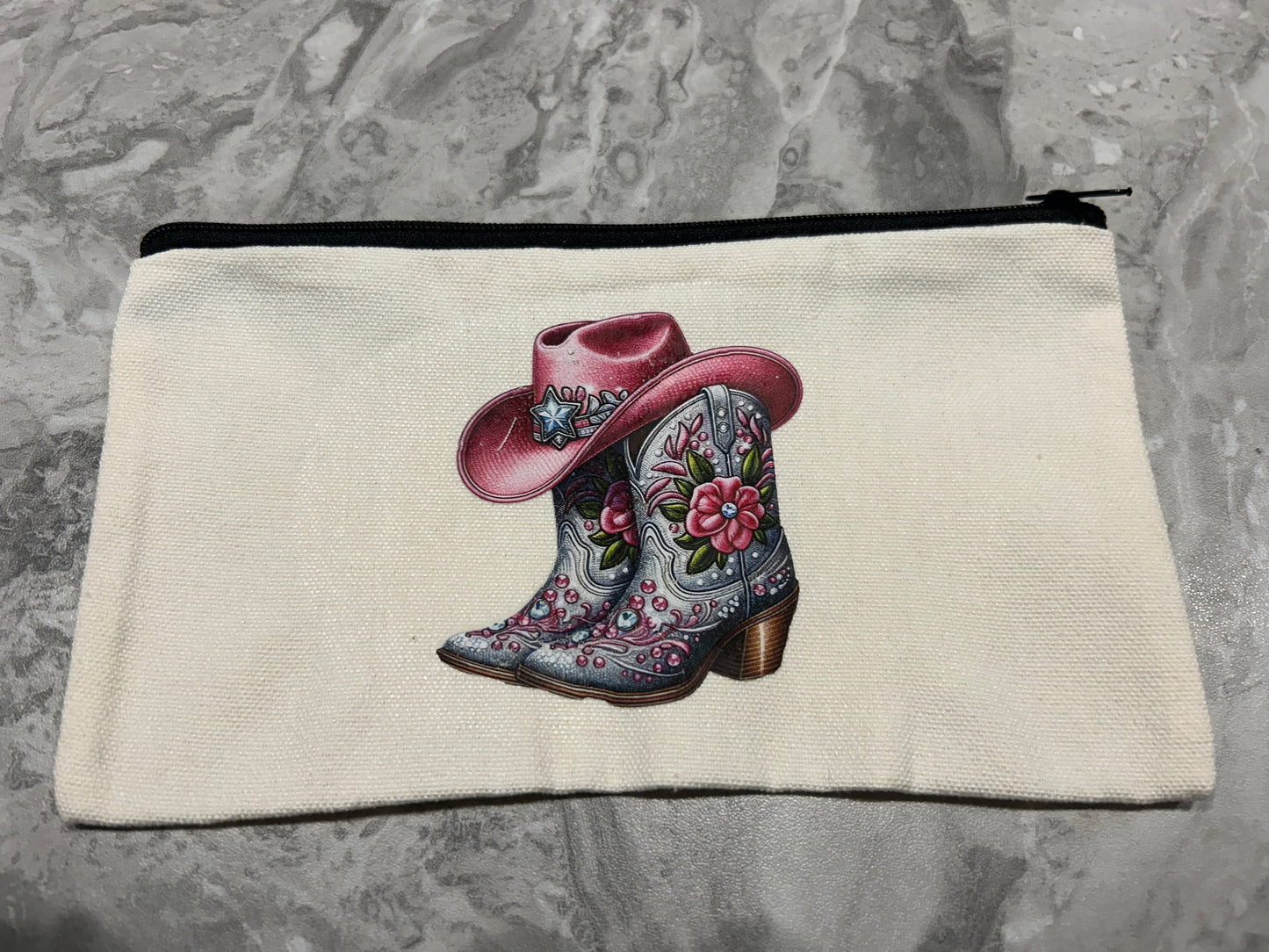 Pink Floral Cowgirl Boots Canvas Zipper Pouch with Keychain | Western Aesthetic Makeup Bag