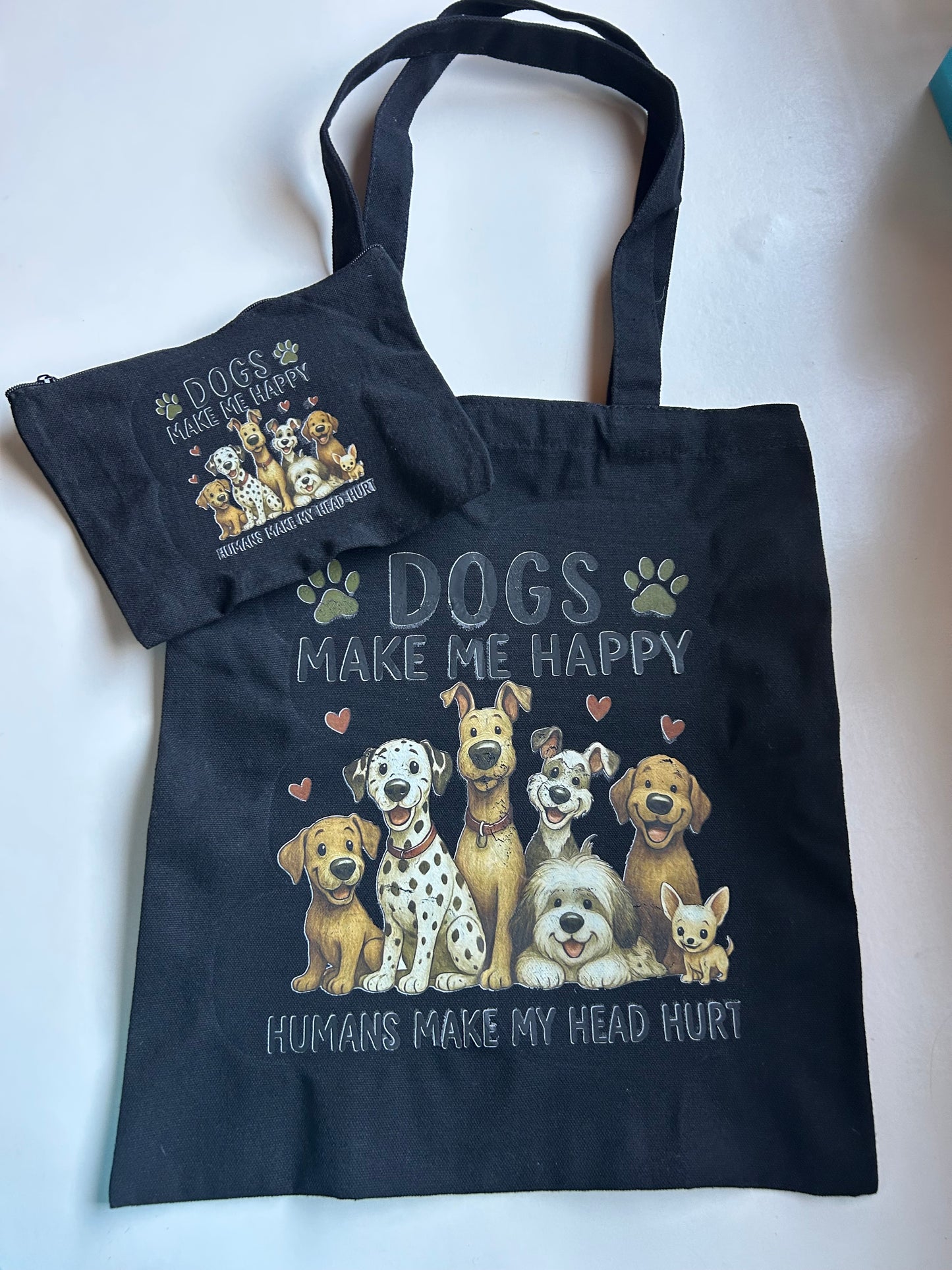 Dog Lover Tote Bag & Matching Zip Pouch Set – Funny "Dogs Make Me Happy" Design