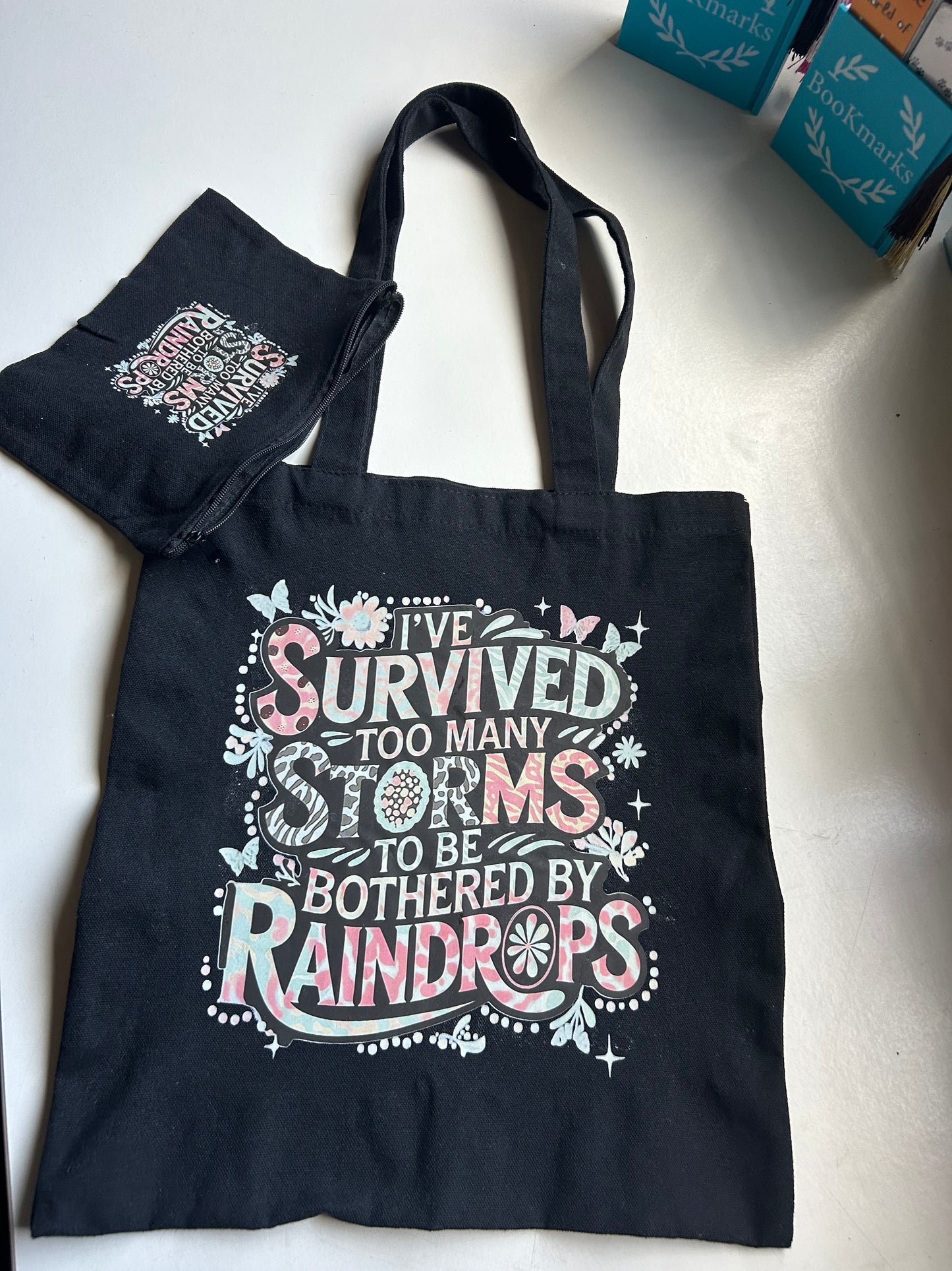 Black Canvas Tote Bag & Matching Zip Pouch – Inspirational “Survived Too Many Storms” Design