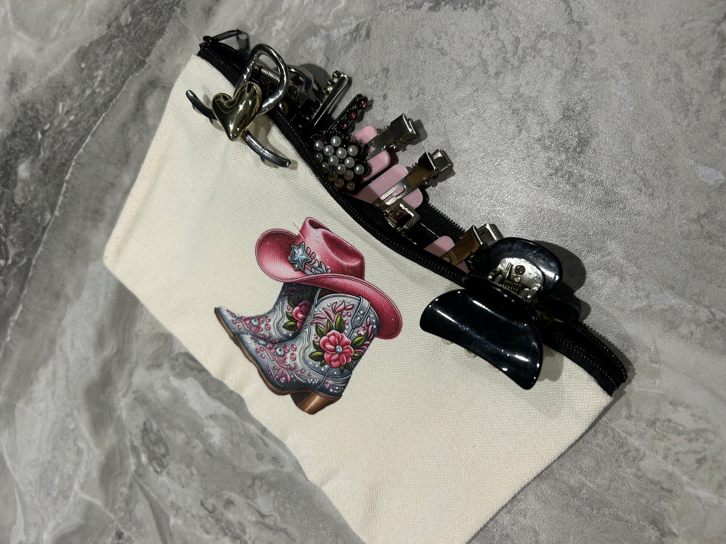 Pink Floral Cowgirl Boots Canvas Zipper Pouch with Keychain | Western Aesthetic Makeup Bag