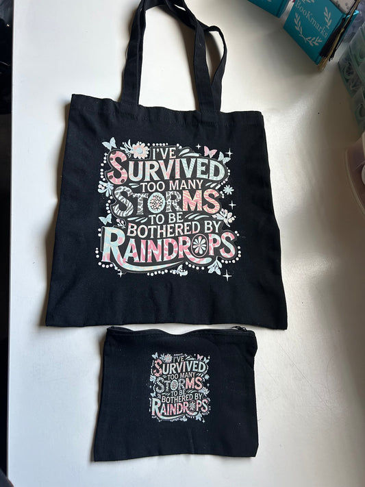 Black Canvas Tote Bag & Matching Zip Pouch – Inspirational “Survived Too Many Storms” Design