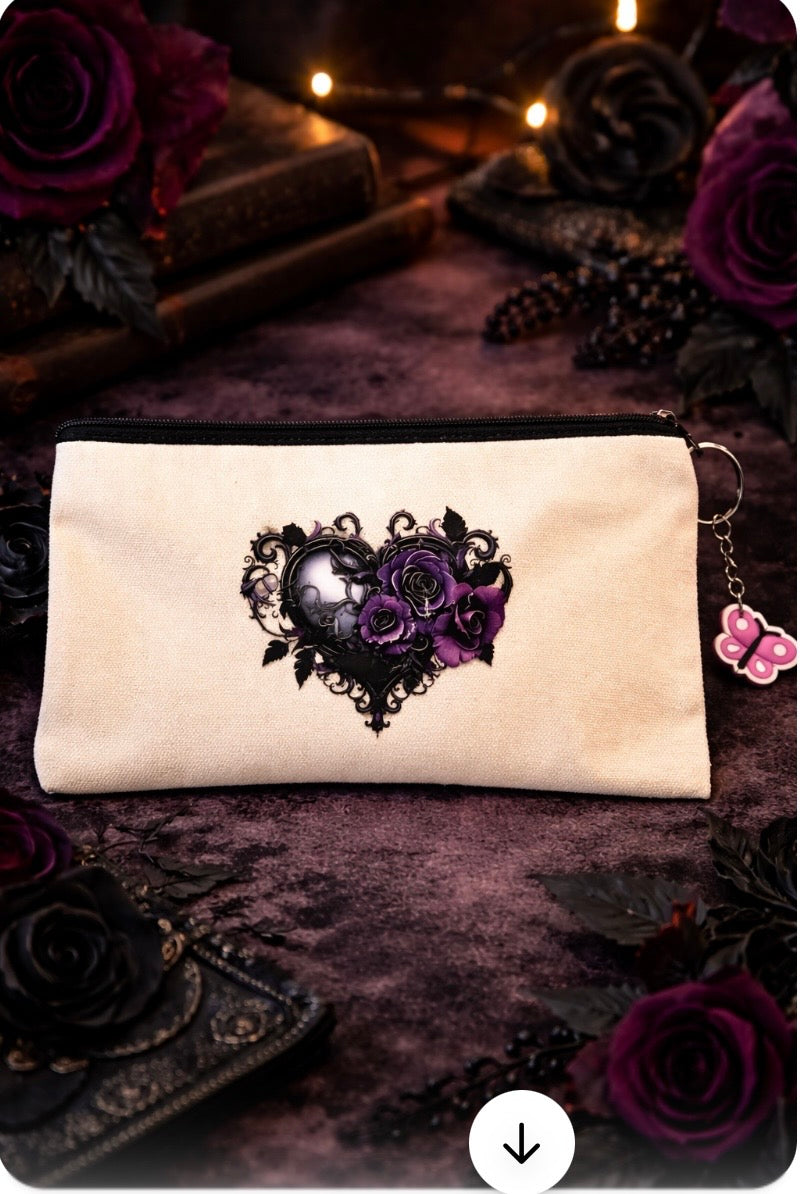 Gothic Purple Rose Heart Canvas Zipper Pouch with Butterfly Keychain | Dark Aesthetic Makeup Bag
