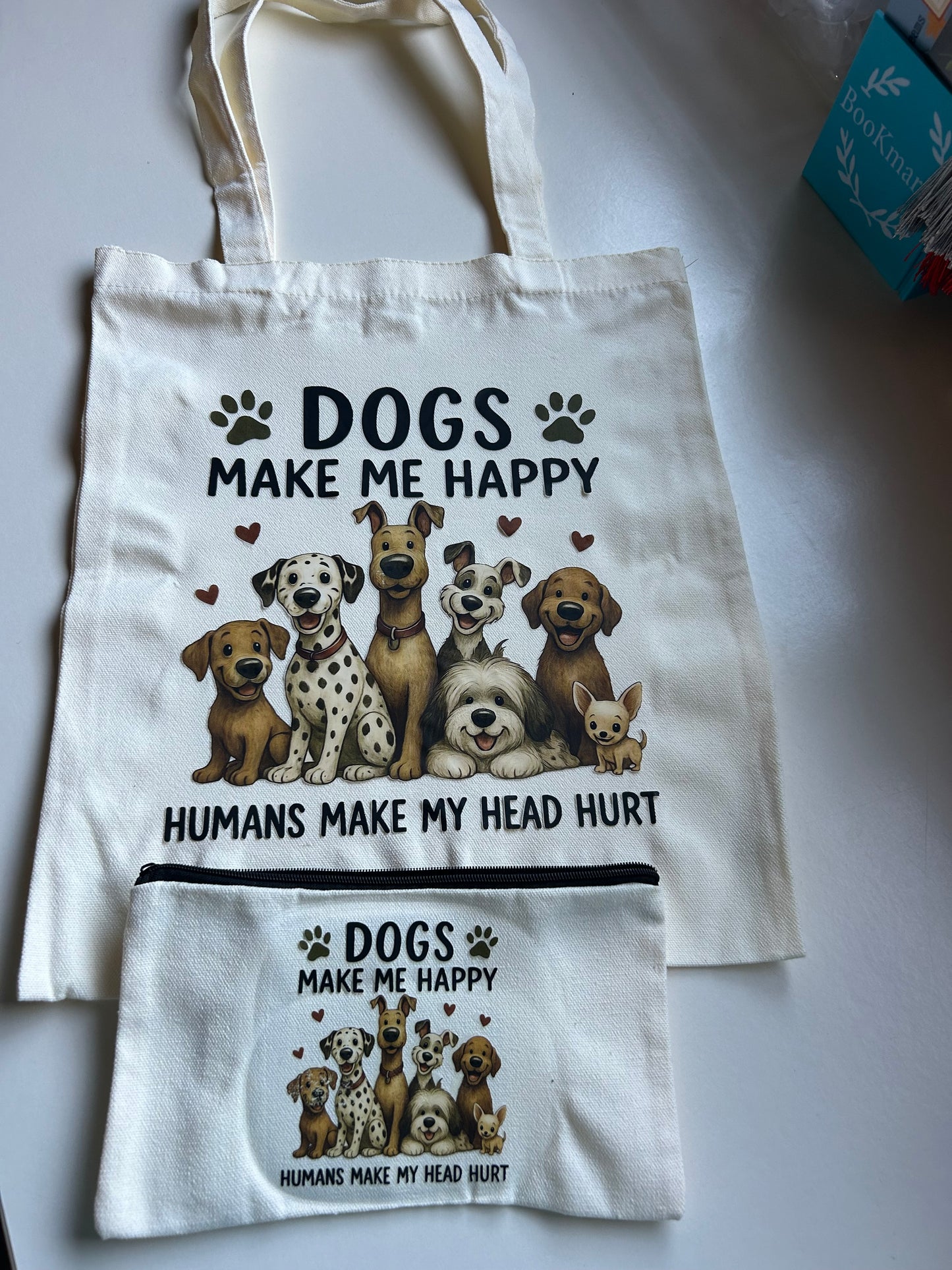 Dog Lover Cream Tote Bag & Zip Pouch Set – Funny “Dogs Make Me Happy” Gift