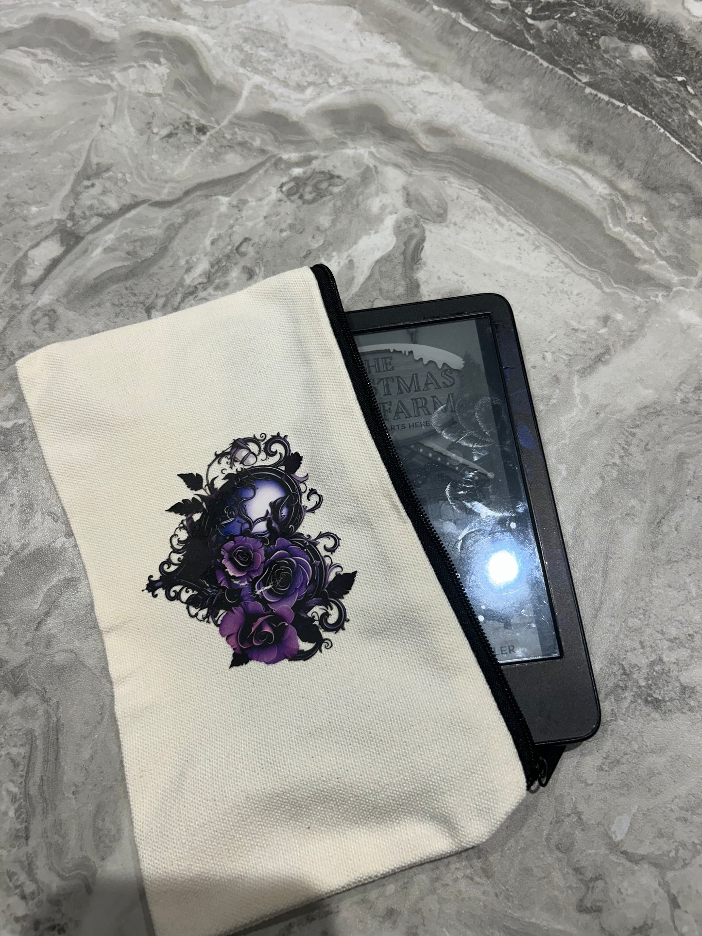 Gothic Purple Rose Heart Canvas Zipper Pouch with Butterfly Keychain | Dark Aesthetic Makeup Bag