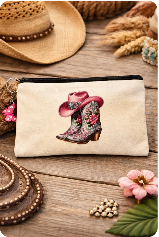 Pink Floral Cowgirl Boots Canvas Zipper Pouch with Keychain | Western Aesthetic Makeup Bag