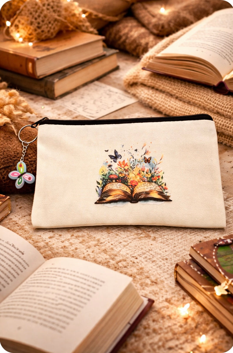 Gothic Purple Rose Canvas Zipper Pouch – Dark Aesthetic Makeup Bag with Butterfly Keychain