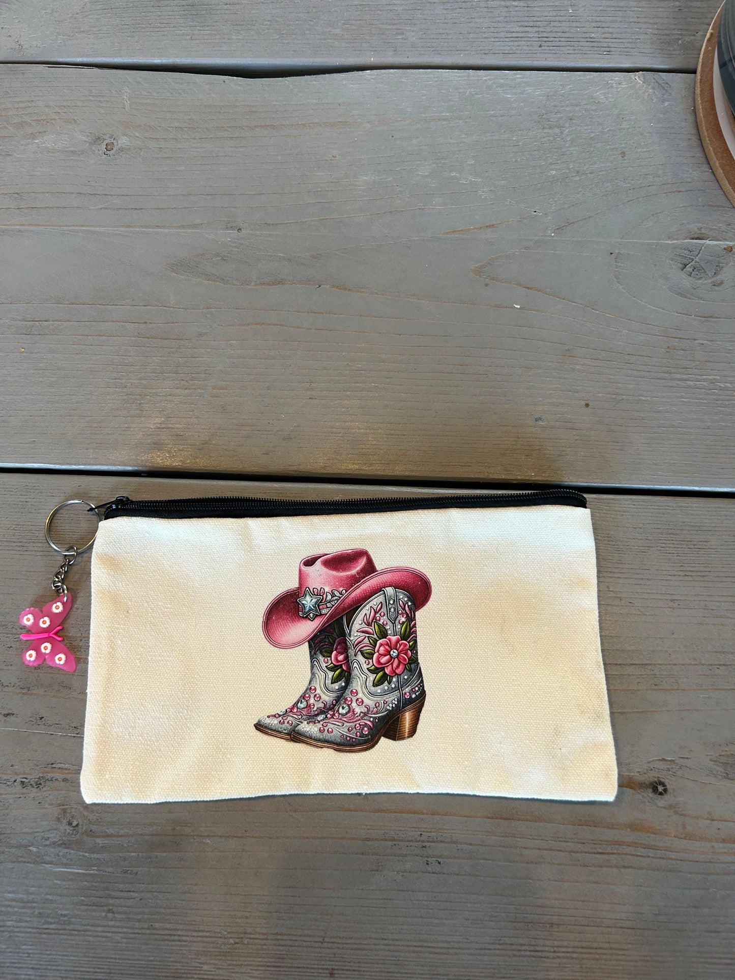 Pink Floral Cowgirl Boots Canvas Zipper Pouch with Keychain | Western Aesthetic Makeup Bag