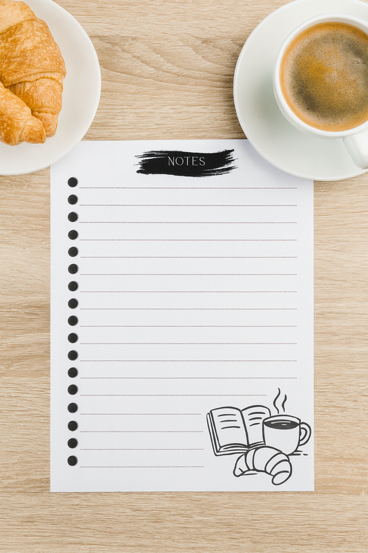 Black & White Coffee Notes Notepad – 5x7 Inch | 50 Page Minimalist Writing Pad with Croissant Design