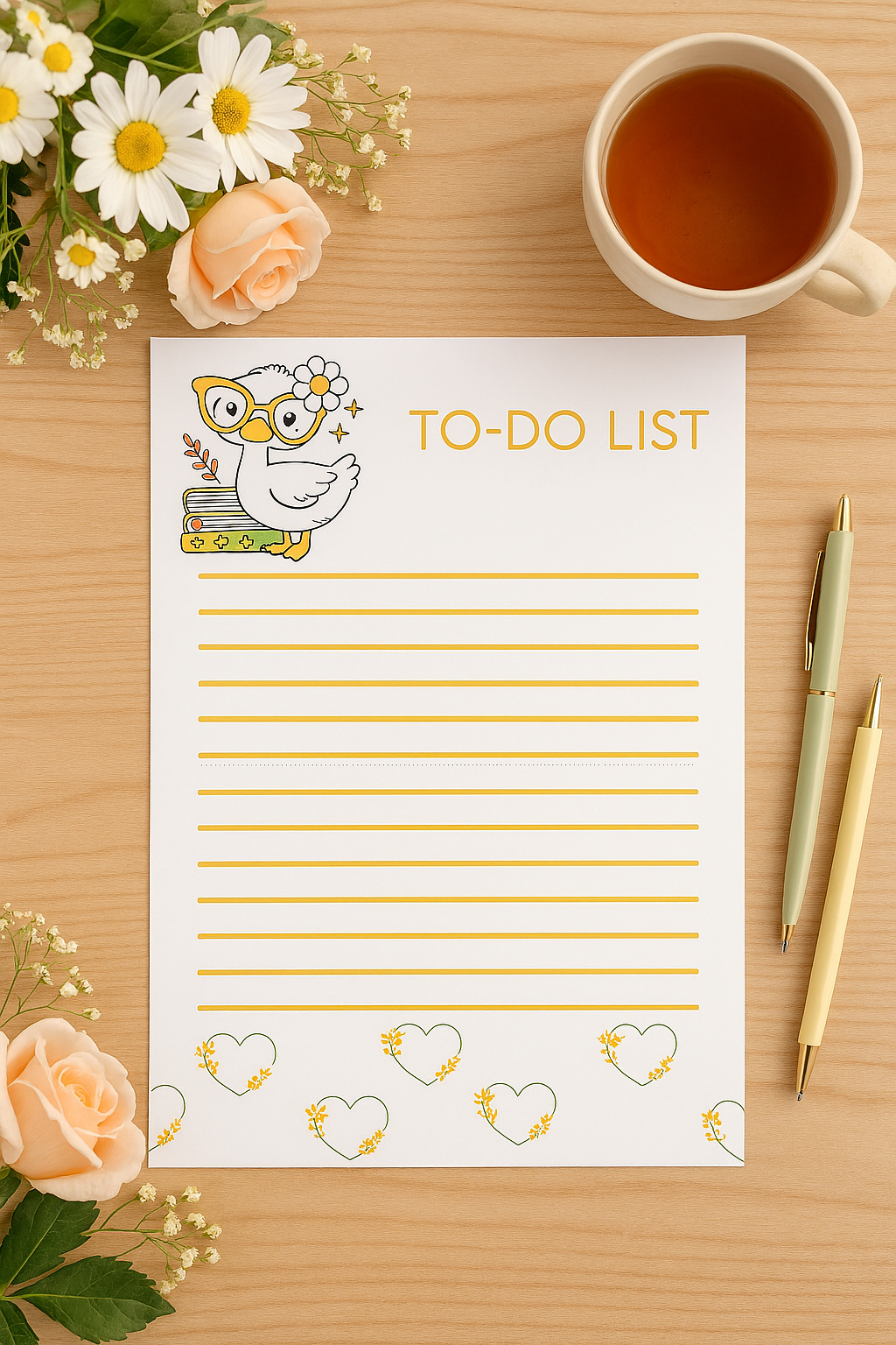 Spring Duck To Do List Notepad | Pastel Yellow Daily Planner Sheet | Cute Floral Productivity Stationery